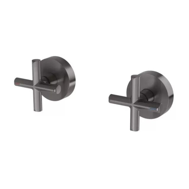 Phoenix Vivid Slimline Plus wall top assemblies in brushed carbon, pair of cross handles on round wall plates, front view