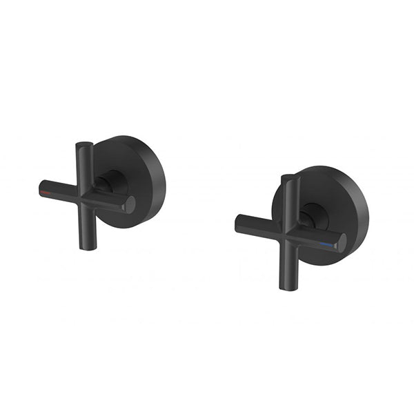 Phoenix Vivid Slimline Plus matte black wall top assemblies, pair of cross-handle taps with red and blue indicators