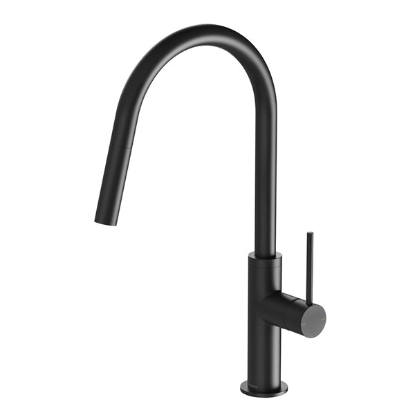 Phoenix Vivid Slimline pull out sink mixer in matte black, with slim lever handle and curved swivel spout on white background