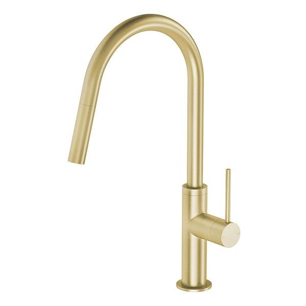 Phoenix Vivid Slimline pull out sink mixer in brushed gold with slim lever handle and arched swivel spout on white background
