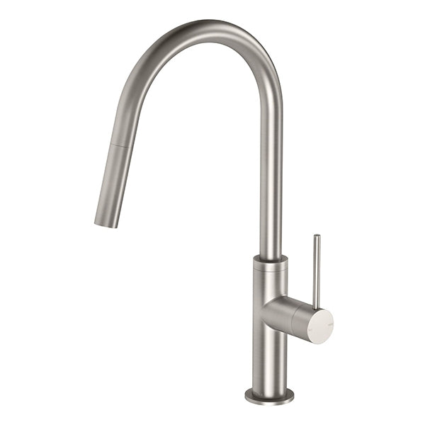 Phoenix Vivid Slimline pull out sink mixer in brushed nickel, hob mounted tap with curved swivel spout and side lever