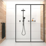 Phoenix Vivid Slimline matte black wall shower mixer and rail shower set in modern bathroom walk-in shower.