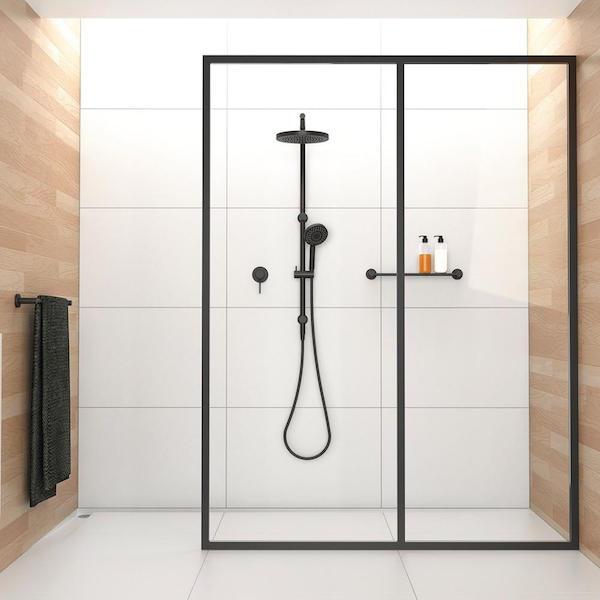 Phoenix Vivid Slimline matte black wall shower mixer and rail shower set in modern bathroom walk-in shower.