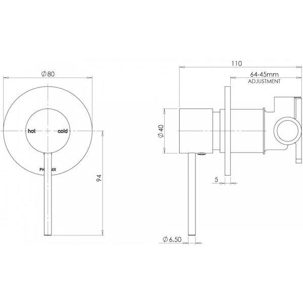 Phoenix Vivid Slimline shower wall mixer technical drawing in matte black, front and side view with dimensions