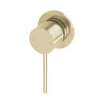 Phoenix Vivid Slimline shower wall mixer in brushed gold, with 60mm round backplate and slim lever handle on white background