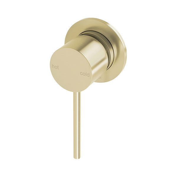 Phoenix Vivid Slimline shower wall mixer in brushed gold, with 60mm round backplate and slim lever handle on white background