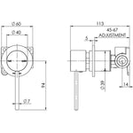 Phoenix Vivid Slimline shower wall mixer technical drawing, matte black, 60mm backplate with slim lever handle, front and side view dimensions