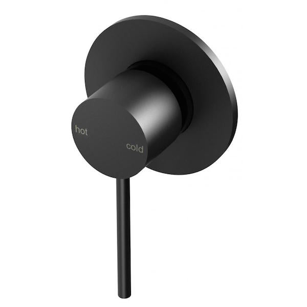 Phoenix Vivid Slimline wall mixer in matte black, with round plate and slim lever handle on white background