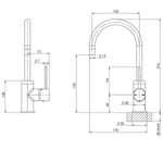 Phoenix Vivid Slimline side lever sink mixer technical drawing, matte black gooseneck tap with dimensions shown