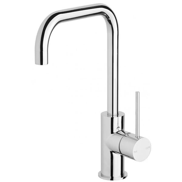 Phoenix Vivid Slimline chrome side lever sink mixer with square gooseneck spout, hob mounted, front view on white background