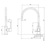 Phoenix Vivid Slimline side lever sink mixer technical drawing in matte black, showing 220mm gooseneck and dimensions