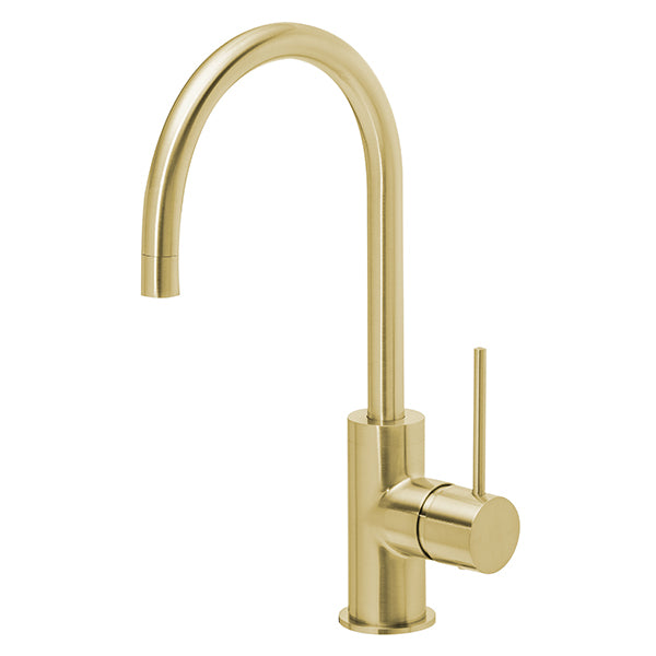 Phoenix Vivid Slimline brushed gold gooseneck sink mixer with side lever, shown on white background