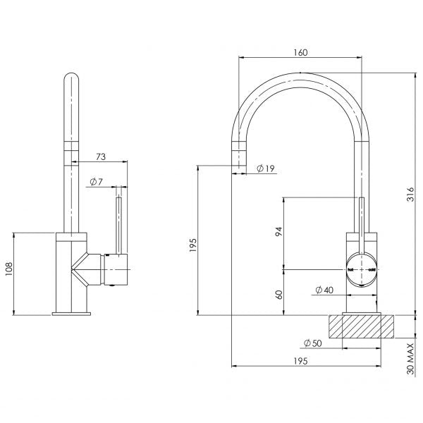 Phoenix Vivid Slimline sink mixer technical drawing in brushed carbon, showing 160mm gooseneck and side lever dimensions