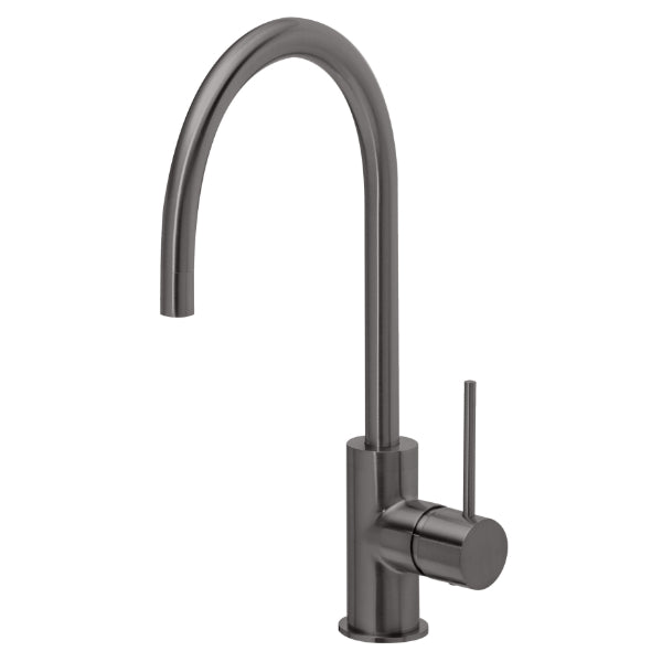 Phoenix Vivid Slimline gooseneck sink mixer in brushed carbon, side lever tap with tall curved spout, isolated on white