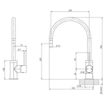Phoenix Vivid Slimline side lever sink mixer technical drawing, brushed carbon gooseneck tap with dimensions shown