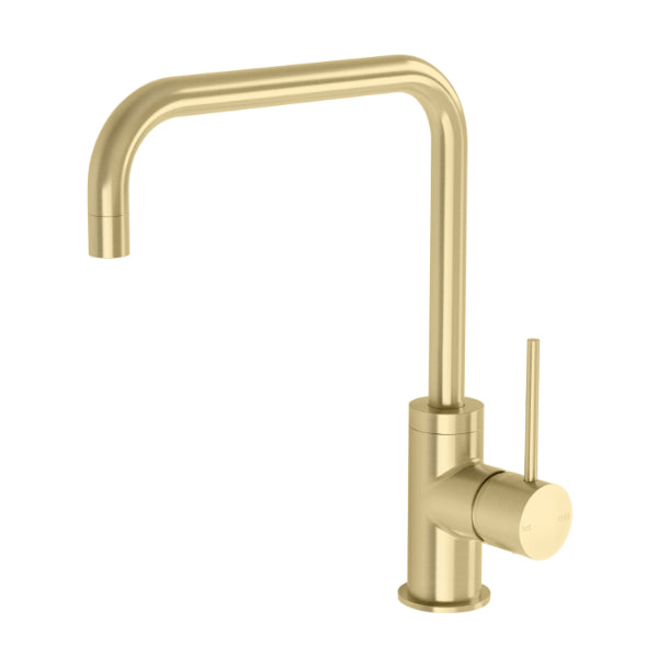 Phoenix Vivid Slimline side lever sink mixer in brushed gold, square spout and hob-mounted design on white background