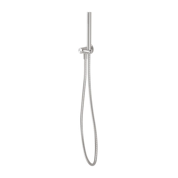 Phoenix Vivid Slimline stainless steel hand shower with hose and wall bracket, round slimline handheld shower on white background