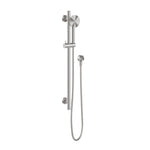 Phoenix Vivid Slimline SS 316 rail shower in stainless steel, wall-mounted with round handset and flexible hose on white background