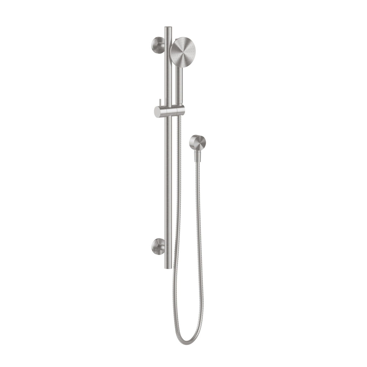 Phoenix Vivid Slimline SS 316 rail shower in stainless steel, wall-mounted with round handset and flexible hose on white background