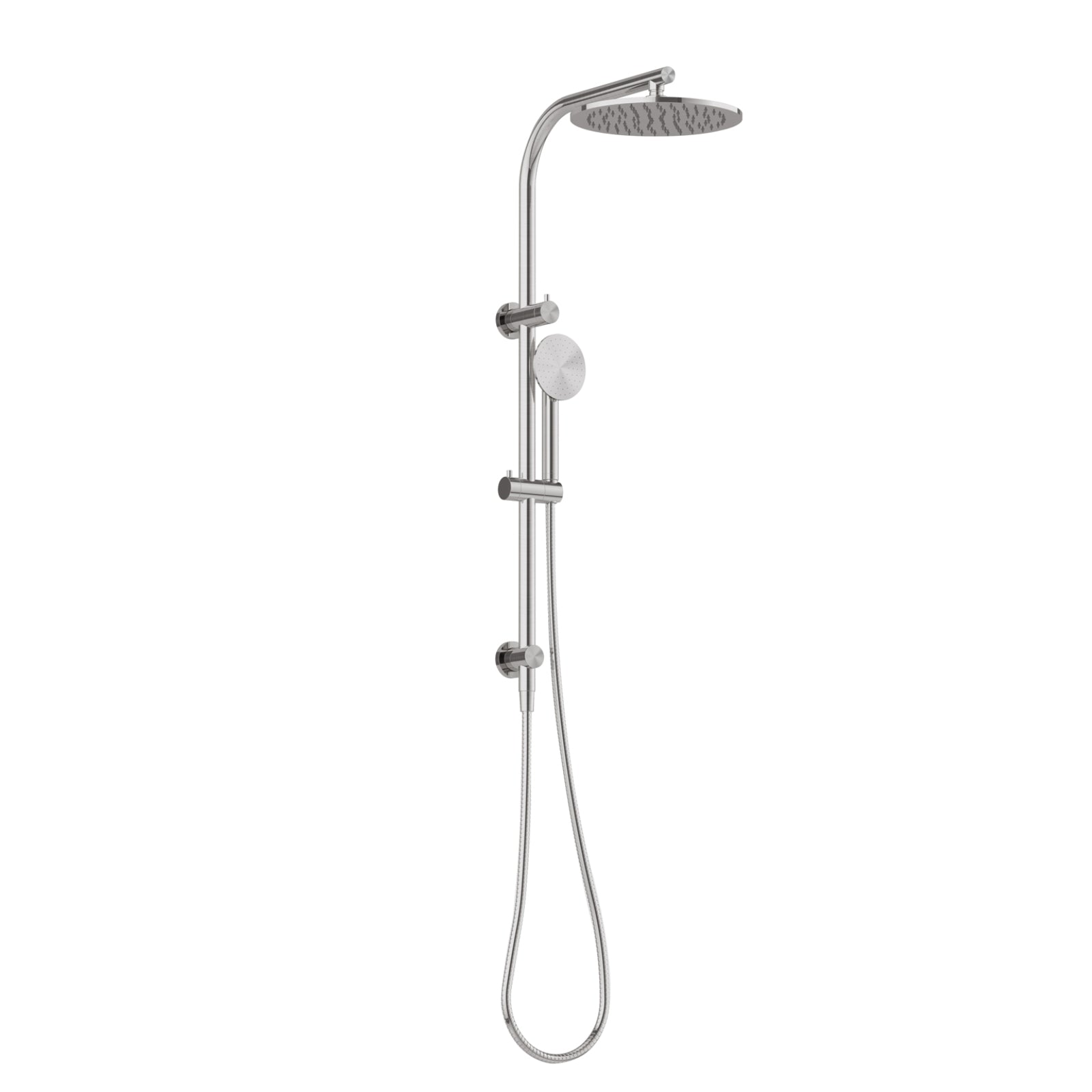 Phoenix Vivid Slimline SS 316 twin shower in stainless steel, wall-mounted with round overhead rose and handheld on rail