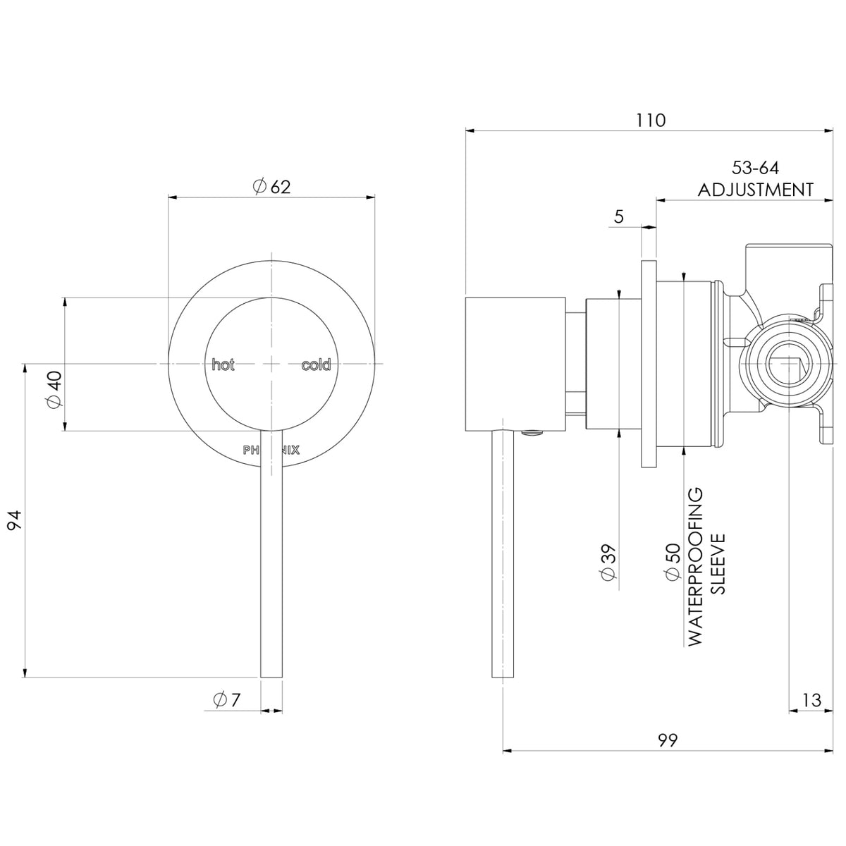 Phoenix Vivid Slimline SwitchMix wall mixer technical drawing, chrome round 62mm backplate with 110mm depth and 53–64mm adjustment.