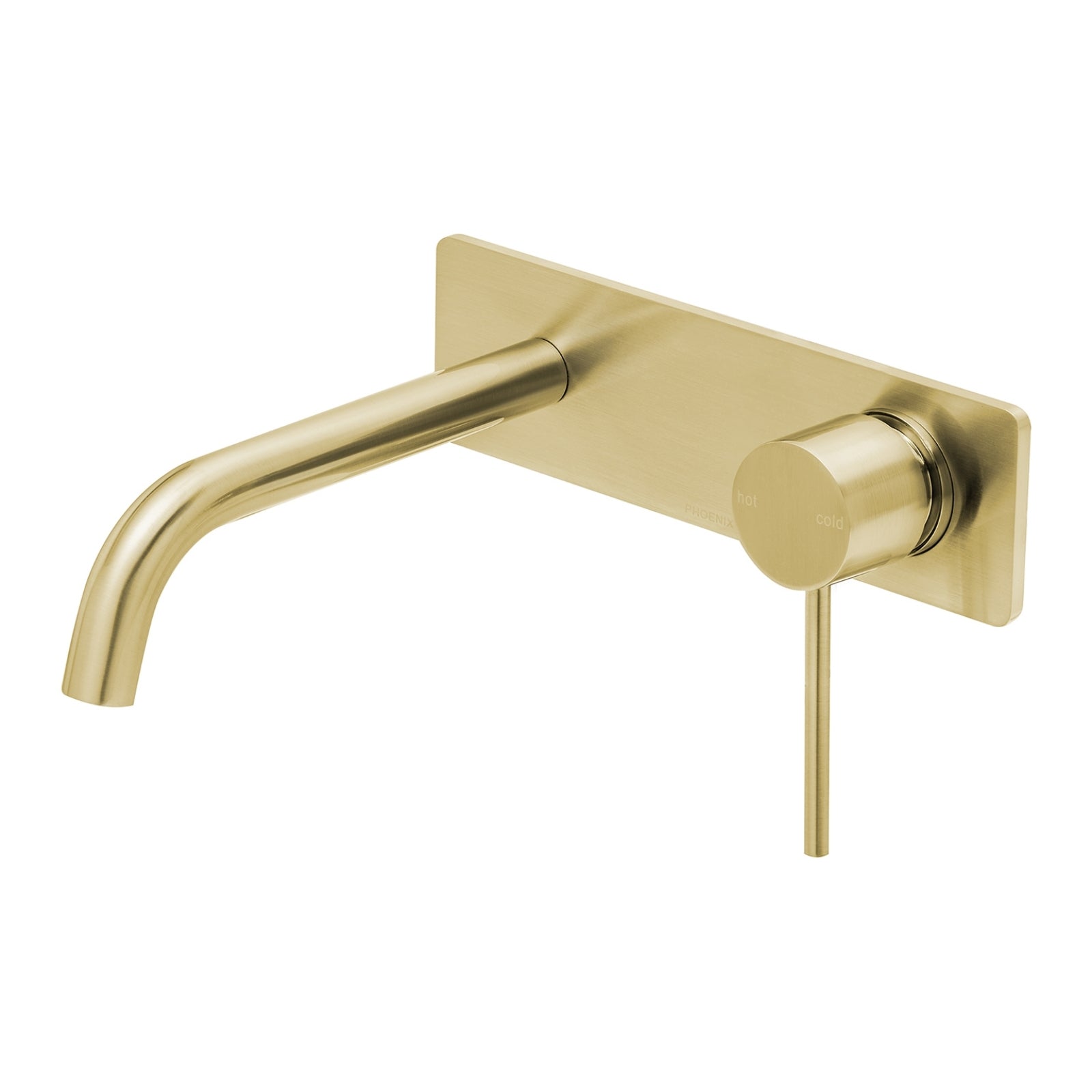 Phoenix Vivid Slimline wall basin mixer set in brushed gold, with curved spout and round control on rectangular backplate