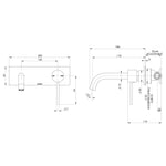 Technical drawing of Phoenix Vivid Slimline wall basin/bath mixer set, showing dimensions and side/front views in brushed gold finish