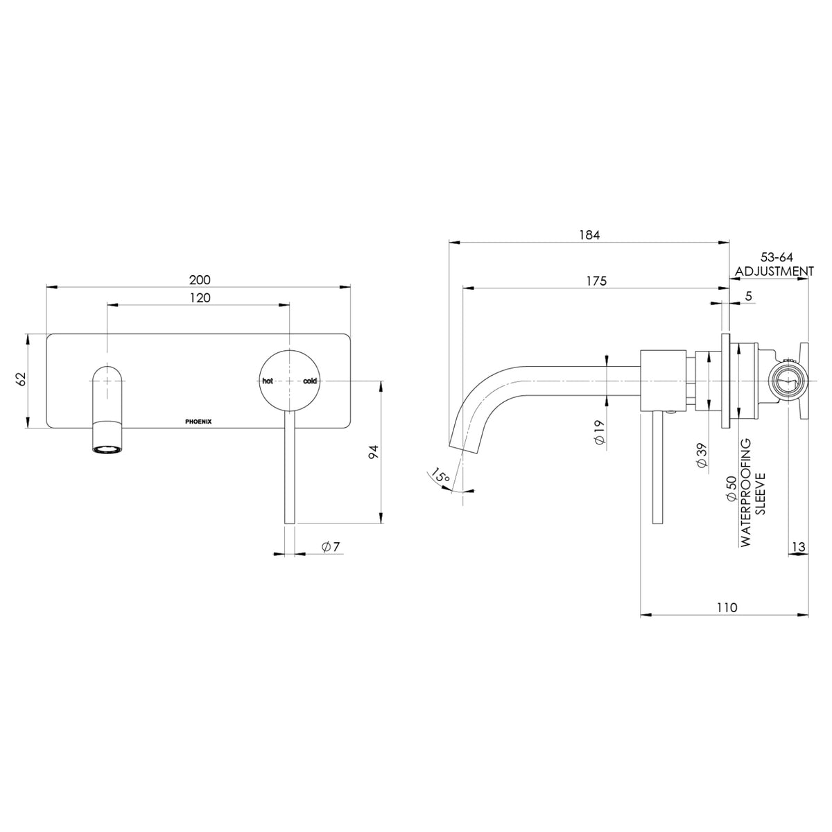 Technical drawing of Phoenix Vivid Slimline wall basin/bath mixer set, showing dimensions and side/front views in brushed gold finish