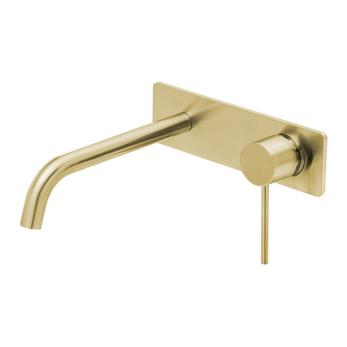 Phoenix Vivid Slimline wall basin/bath mixer set in brushed gold with round lever and curved spout