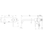 Phoenix Vivid Slimline wall basin/bath mixer set technical drawing, brushed gold, 230mm spout reach, front and side views