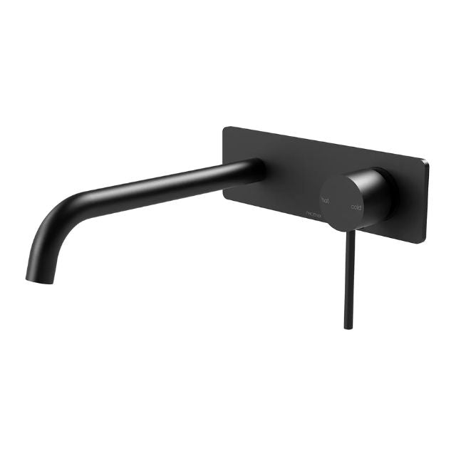 Phoenix Vivid Slimline wall basin/bath mixer set in matte black, with 230mm slim spout and rectangular backplate