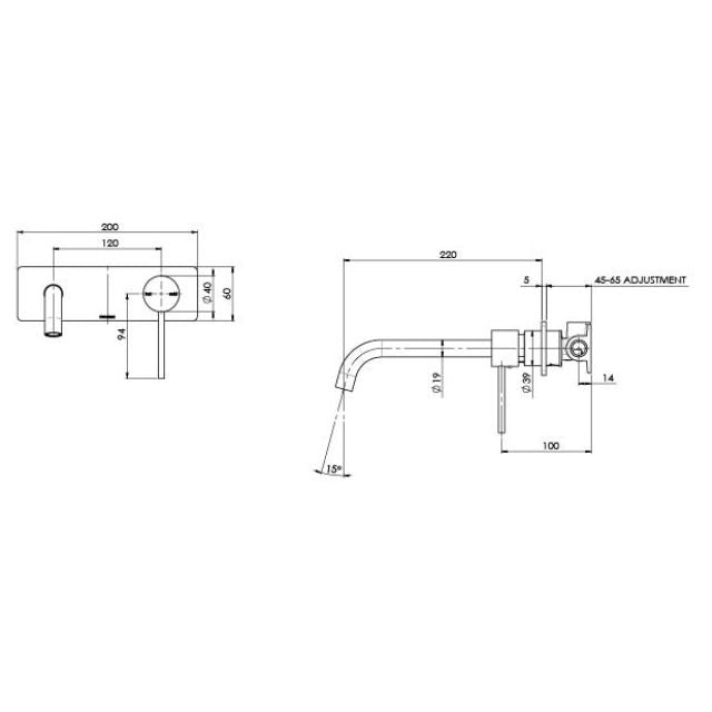 Phoenix Vivid Slimline SwitchMix wall basin/bath mixer set technical drawing, showing 230mm spout and 200mm backplate in matte black