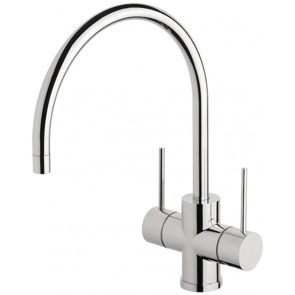 Phoenix Vivid Slimline chrome twin handle sink mixer tap with gooseneck spout, hob mounted on white background