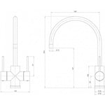 Phoenix Vivid Slimline twin handle sink mixer technical drawing, chrome gooseneck tap with 220mm reach and dimensions