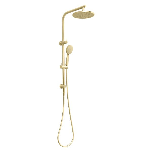 Phoenix Vivid Slimline twin shower in brushed gold, with round overhead rose and handheld shower on rail