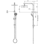 Phoenix Vivid Slimline twin shower technical drawing in matte black, showing overhead shower and hand shower with dimensions.