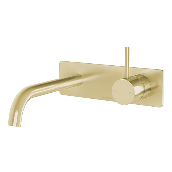 Phoenix Vivid Slimline Up wall basin/bath mixer set in brushed gold with slim lever and rectangular plate