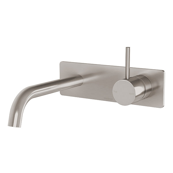 Phoenix Vivid Slimline wall basin/bath mixer set in brushed nickel, with slim lever and up-swept spout on rectangular plate