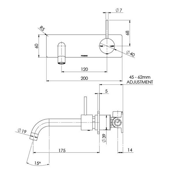 Phoenix Vivid Slimline wall basin/bath mixer set technical drawing in brushed nickel, showing front and side dimensions