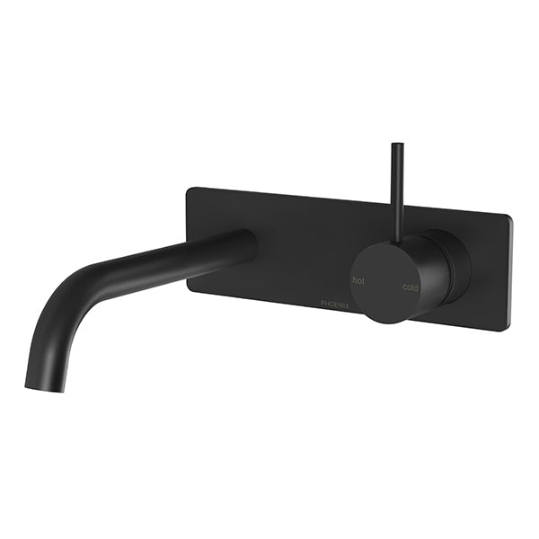 Phoenix Vivid Slimline wall basin/bath mixer set in matte black, with slim lever and curved spout on rectangular plate