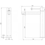 Technical drawing of Phoenix Vivid Slimline Vessel Mixer Chrome, showing tall vessel basin tap dimensions and side/front views