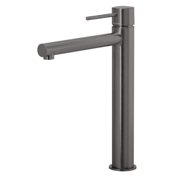 Phoenix Vivid Slimline vessel mixer in brushed carbon, tall vessel basin tap with slim lever and cylindrical body