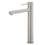Phoenix Vivid Slimline vessel mixer in brushed nickel, tall cylindrical basin tap with slim lever handle, side view on white background