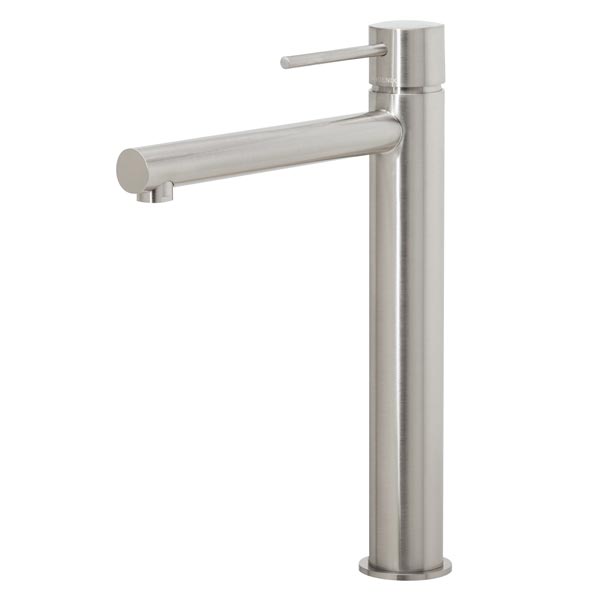 Phoenix Vivid Slimline vessel mixer in brushed nickel, tall cylindrical basin tap with slim lever handle, side view on white background