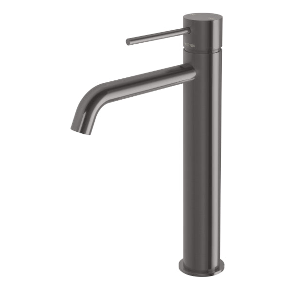 Phoenix Vivid Slimline vessel mixer tap, curved outlet, brushed carbon finish, side lever, isolated on white