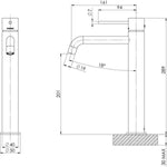 Technical drawing of Phoenix Vivid Slimline vessel mixer with curved outlet, showing side and front views in brushed carbon finish