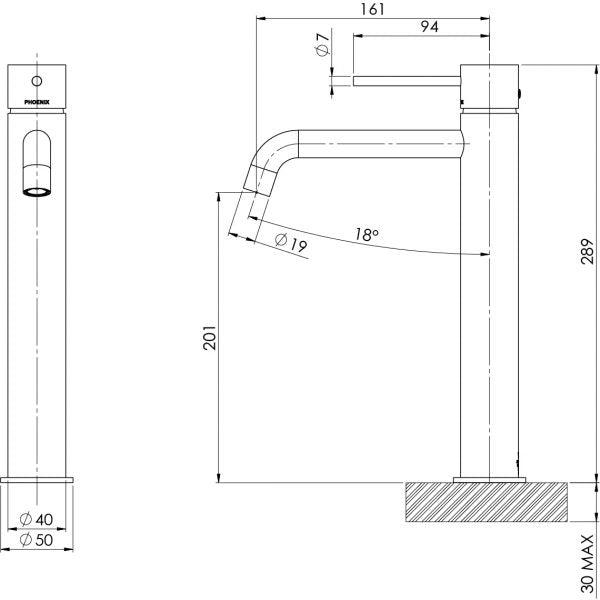 Technical drawing of Phoenix Vivid Slimline vessel mixer with curved outlet, showing side and front views in brushed carbon finish