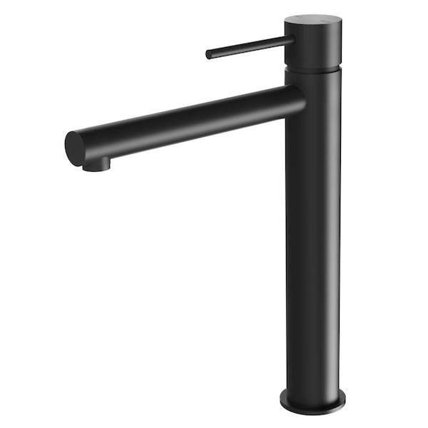 Phoenix Vivid Slimline vessel mixer tap in matte black, vessel height with slim lever handle, side view