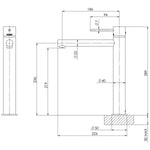 Technical drawing of Phoenix Vivid Slimline vessel mixer in Brushed Carbon, with dimensions and side view.