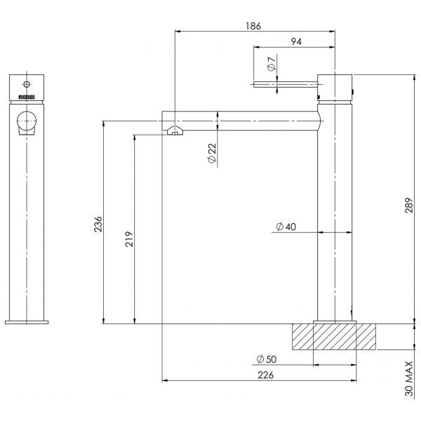Technical drawing of Phoenix Vivid Slimline vessel mixer in Brushed Carbon, with dimensions and side view.